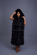 Women's Pippa Long Fox Fur Vest With Hood [Black]