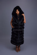 Women's Pippa Long Fox Fur Vest With Hood [Black]
