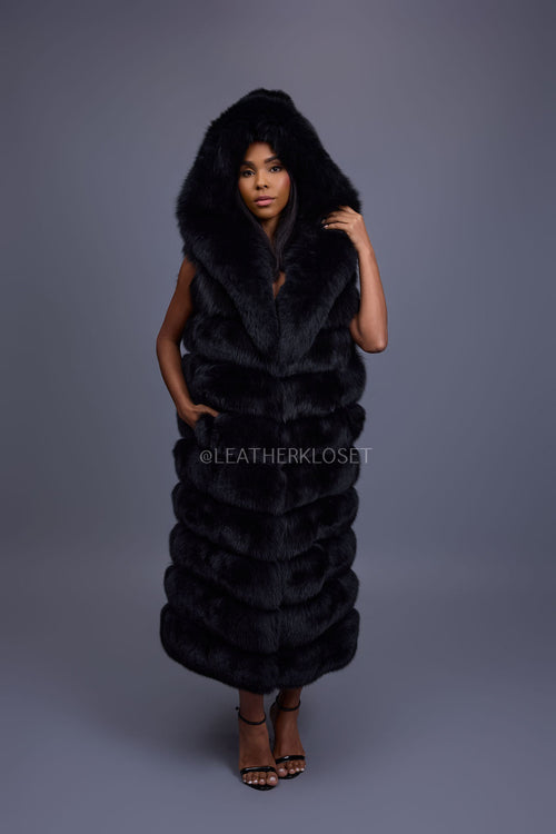 Women's Pippa Long Fox Fur Vest With Hood [Black]