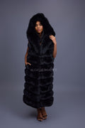 Women's Pippa Long Fox Fur Vest With Hood [Black]