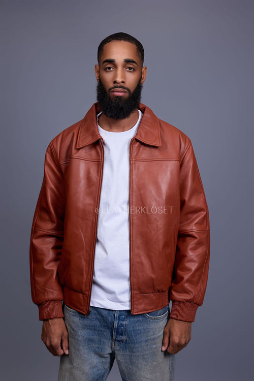 Men's Classic Baseball Leather Jacket With Collar [Rust]
