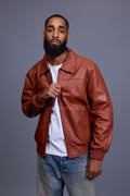 Men's Classic Baseball Leather Jacket With Collar [Rust]