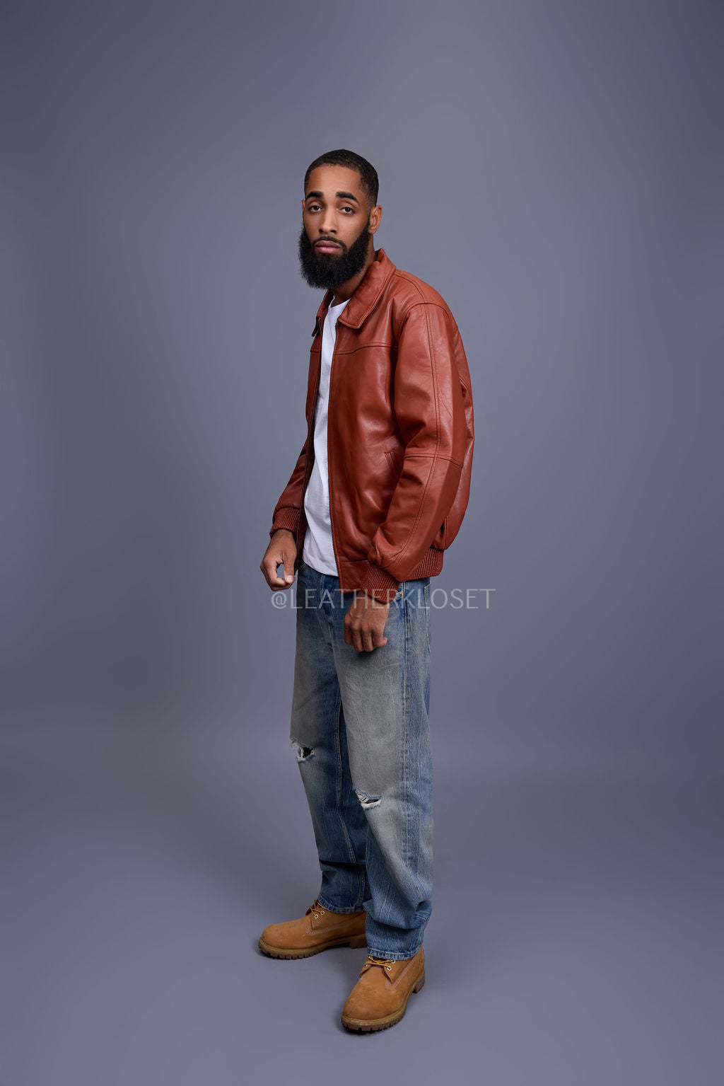 Men's Classic Baseball Leather Jacket With Collar [Rust]