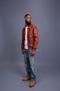 Men's Classic Baseball Leather Jacket With Collar [Rust]