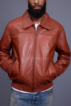 Men's Classic Baseball Leather Jacket With Collar [Rust]