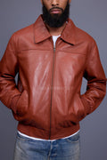 Men's Classic Baseball Leather Jacket With Collar [Rust]