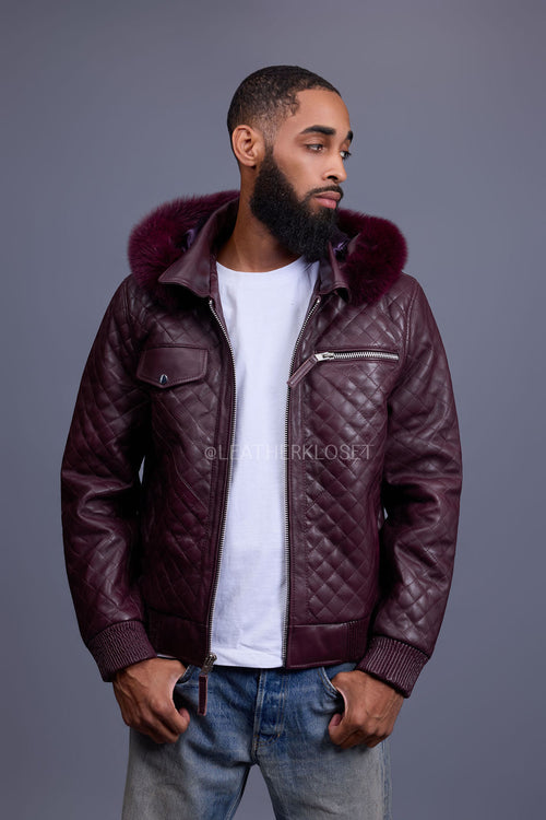 Men's Franklin Quilted Leather Bomber Jacket With Fox Hood [Burgundy]