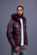 Men's Franklin Quilted Leather Bomber Jacket With Fox Hood [Burgundy]