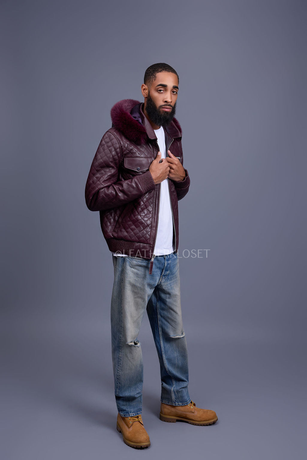 Men's Franklin Quilted Leather Bomber Jacket With Fox Hood [Burgundy]