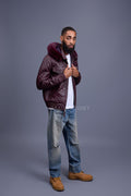 Men's Franklin Quilted Leather Bomber Jacket With Fox Hood [Burgundy]