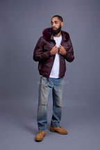 Men's Franklin Quilted Leather Bomber Jacket With Fox Hood [Burgundy]