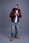 Men's Franklin Quilted Leather Bomber Jacket With Fox Hood [Burgundy]