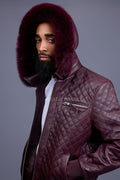 Men's Franklin Quilted Leather Bomber Jacket With Fox Hood [Burgundy]