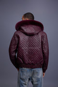 Men's Franklin Quilted Leather Bomber Jacket With Fox Hood [Burgundy]