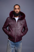 Men's Franklin Quilted Leather Bomber Jacket With Fox Hood [Burgundy]