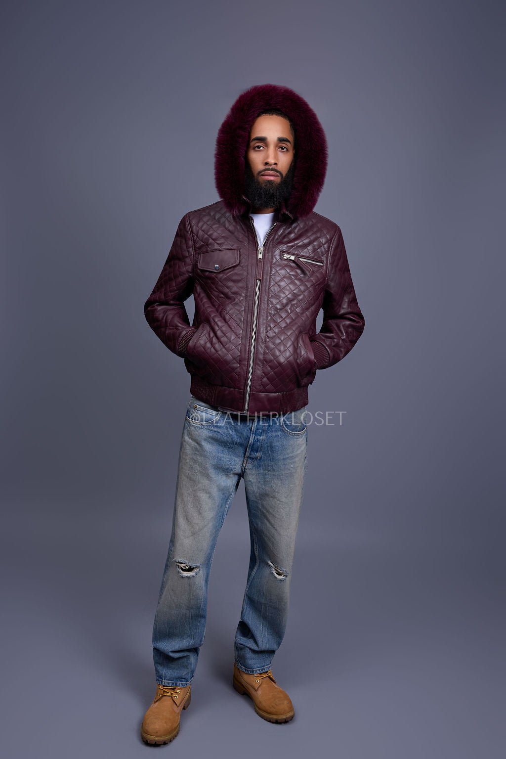 Men's Franklin Quilted Leather Bomber Jacket With Fox Hood [Burgundy]
