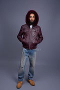 Men's Franklin Quilted Leather Bomber Jacket With Fox Hood [Burgundy]