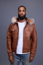 Men's Franklin Quilted Leather Bomber Jacket With Fox Hood [Caramel Crunch]