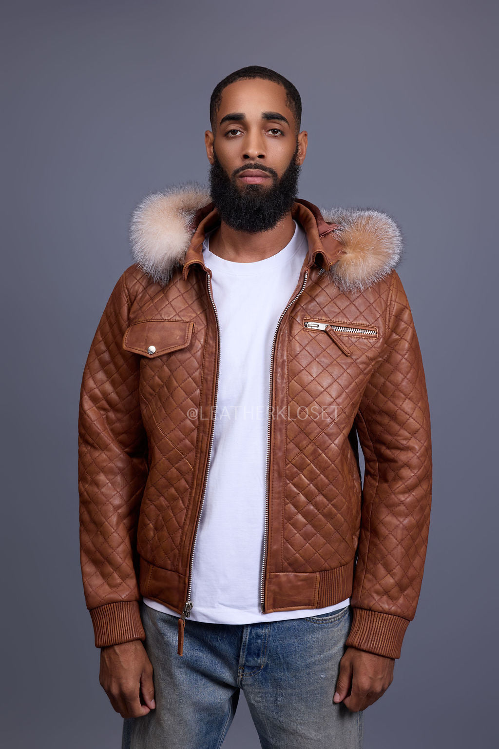 Men's Franklin Quilted Leather Bomber Jacket With Fox Hood [Caramel Crunch]