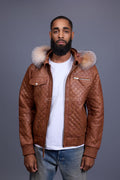 Men's Franklin Quilted Leather Bomber Jacket With Fox Hood [Caramel Crunch]