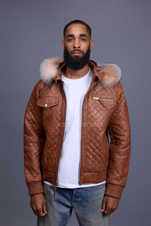 Men's Franklin Quilted Leather Bomber Jacket With Fox Hood [Caramel Crunch]