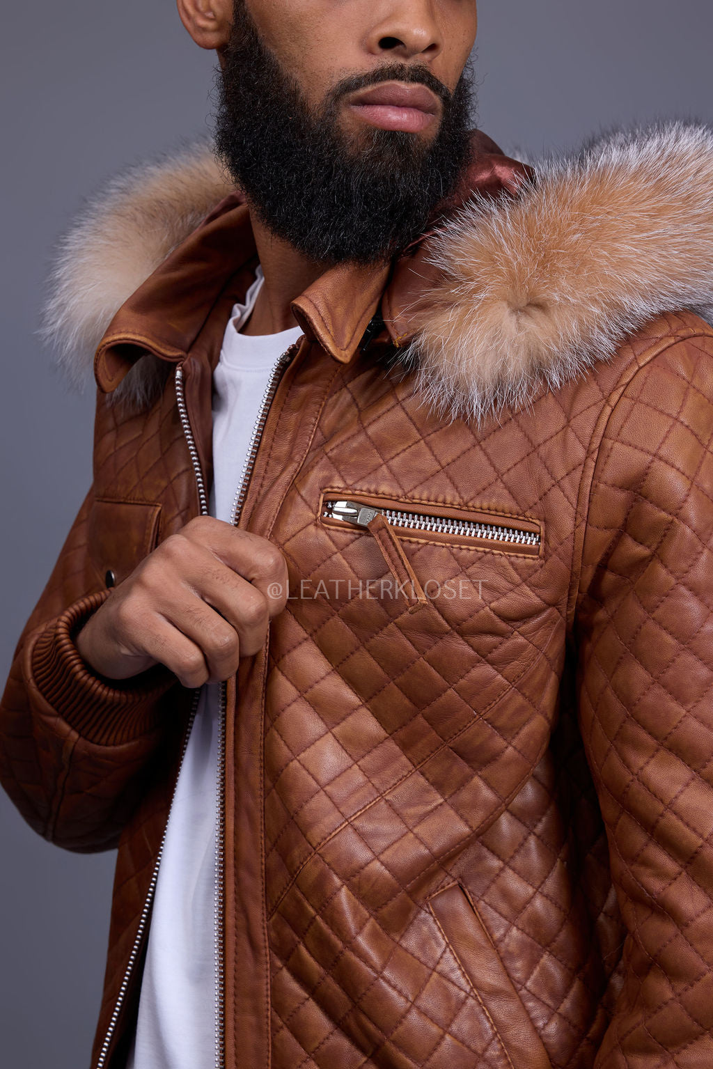 Men's Franklin Quilted Leather Bomber Jacket With Fox Hood [Caramel Crunch]