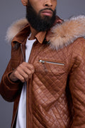Men's Franklin Quilted Leather Bomber Jacket With Fox Hood [Caramel Crunch]