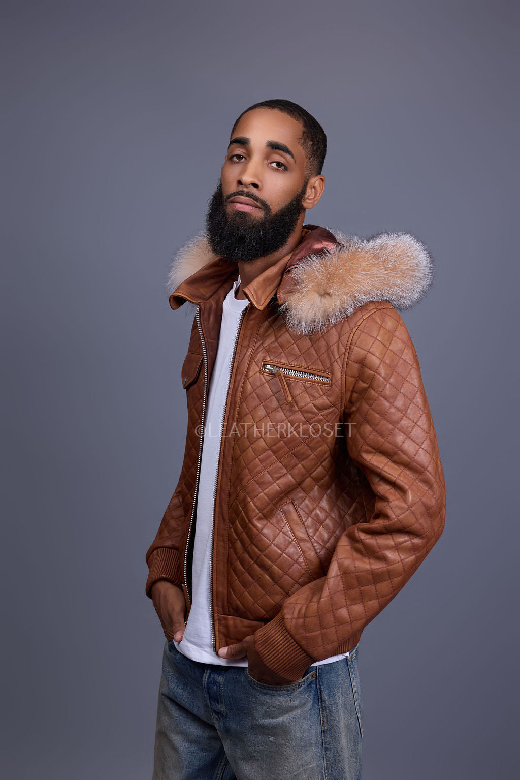 Men's Franklin Quilted Leather Bomber Jacket With Fox Hood [Caramel Crunch]