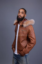 Men's Franklin Quilted Leather Bomber Jacket With Fox Hood [Caramel Crunch]