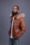 Men's Franklin Quilted Leather Bomber Jacket With Fox Hood [Caramel Crunch]
