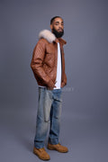 Men's Franklin Quilted Leather Bomber Jacket With Fox Hood [Caramel Crunch]