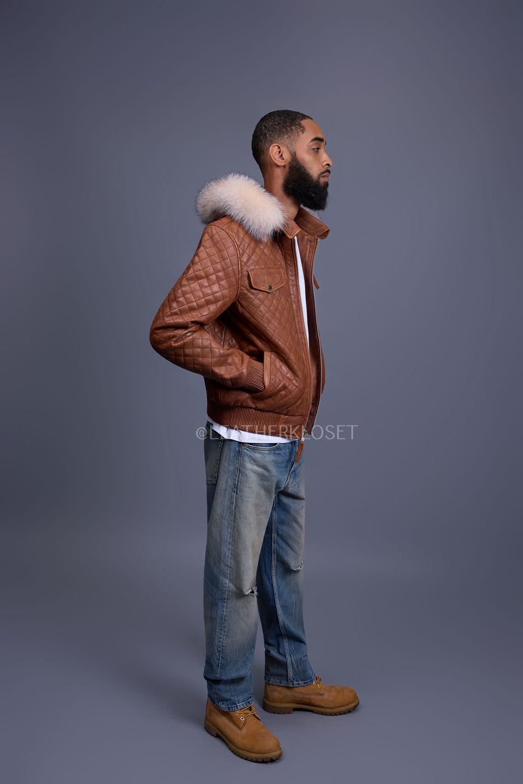 Men's Franklin Quilted Leather Bomber Jacket With Fox Hood [Caramel Crunch]