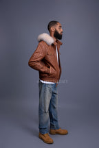 Men's Franklin Quilted Leather Bomber Jacket With Fox Hood [Caramel Crunch]