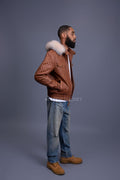 Men's Franklin Quilted Leather Bomber Jacket With Fox Hood [Caramel Crunch]