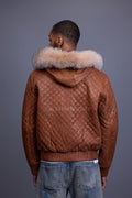 Men's Franklin Quilted Leather Bomber Jacket With Fox Hood [Caramel Crunch]