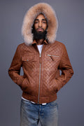 Men's Franklin Quilted Leather Bomber Jacket With Fox Hood [Caramel Crunch]