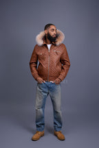 Men's Franklin Quilted Leather Bomber Jacket With Fox Hood [Caramel Crunch]