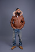 Men's Franklin Quilted Leather Bomber Jacket With Fox Hood [Caramel Crunch]
