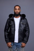 Men's Franklin Quilted Leather Bomber Jacket With Fox Hood [Black]