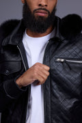 Men's Franklin Quilted Leather Bomber Jacket With Fox Hood [Black]