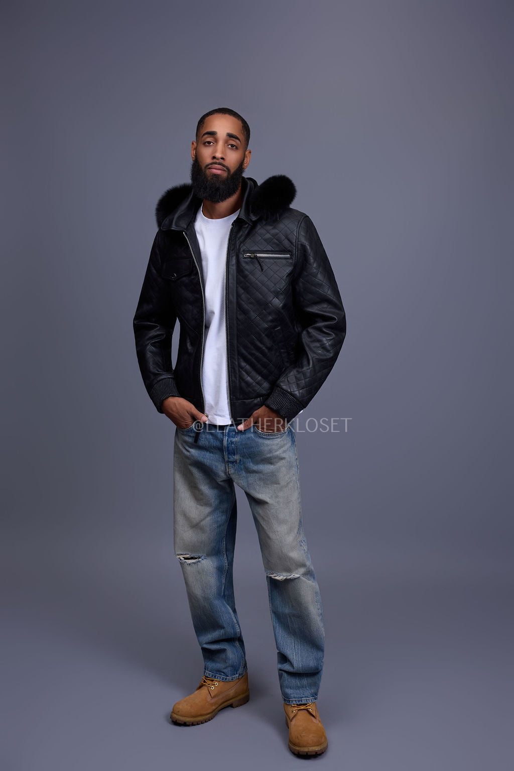 Men's Franklin Quilted Leather Bomber Jacket With Fox Hood [Black]