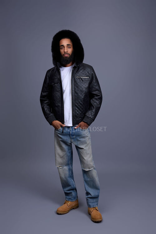 Men's Franklin Quilted Leather Bomber Jacket With Fox Hood [Black]
