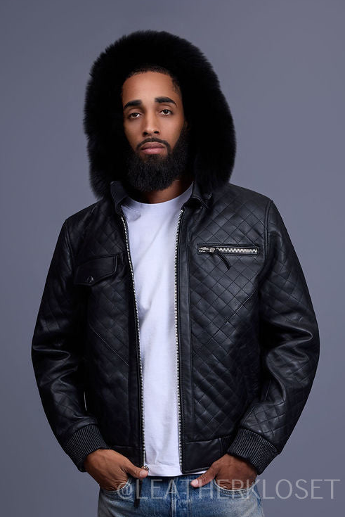 Men's Franklin Quilted Leather Bomber Jacket With Fox Hood [Black]