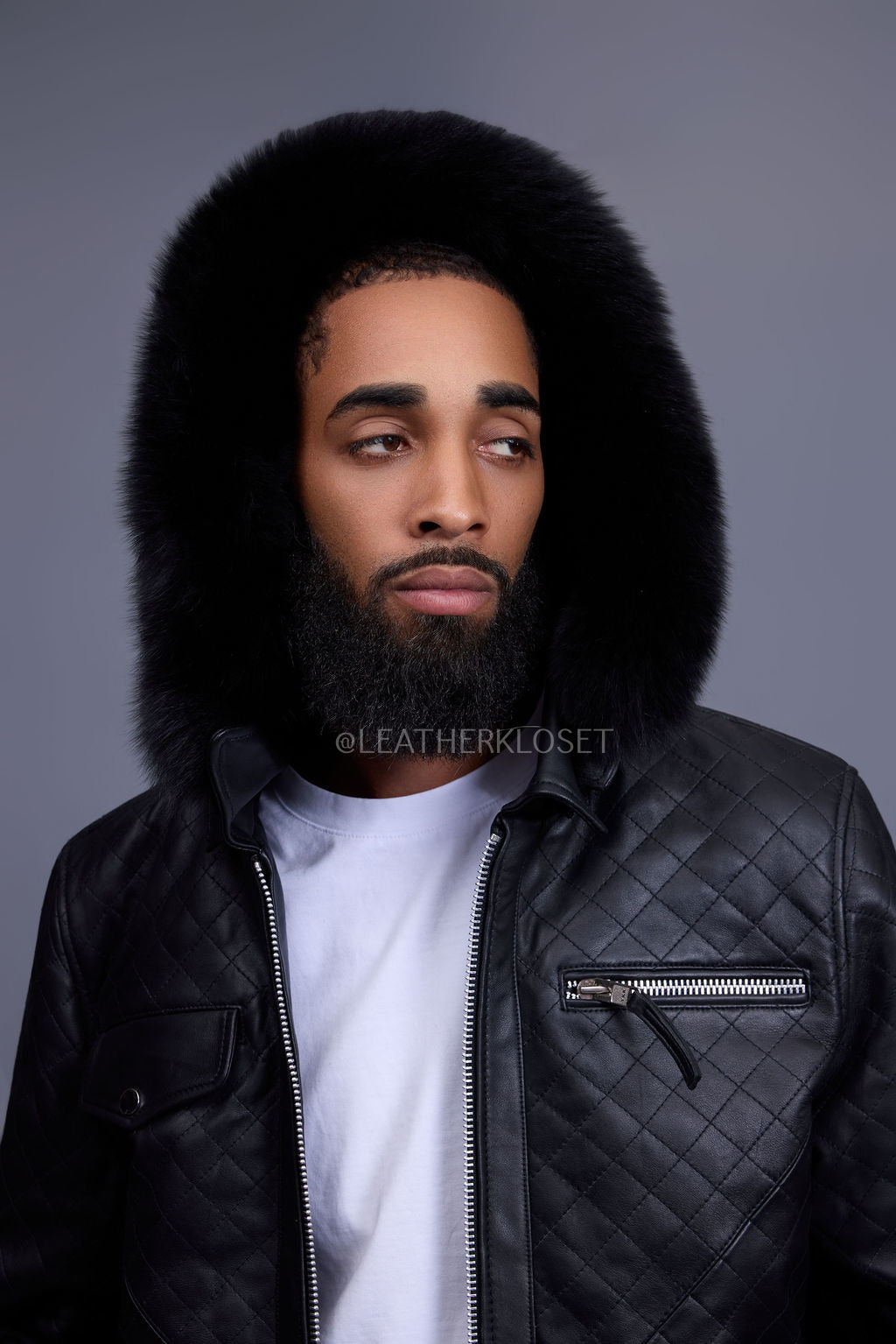 Men's Franklin Quilted Leather Bomber Jacket With Fox Hood [Black]