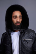 Men's Franklin Quilted Leather Bomber Jacket With Fox Hood [Black]