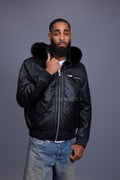Men's Franklin Quilted Leather Bomber Jacket With Fox Hood [Black]