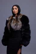 Women's Sasha Crop Fox Bomber [Black/Crystal]