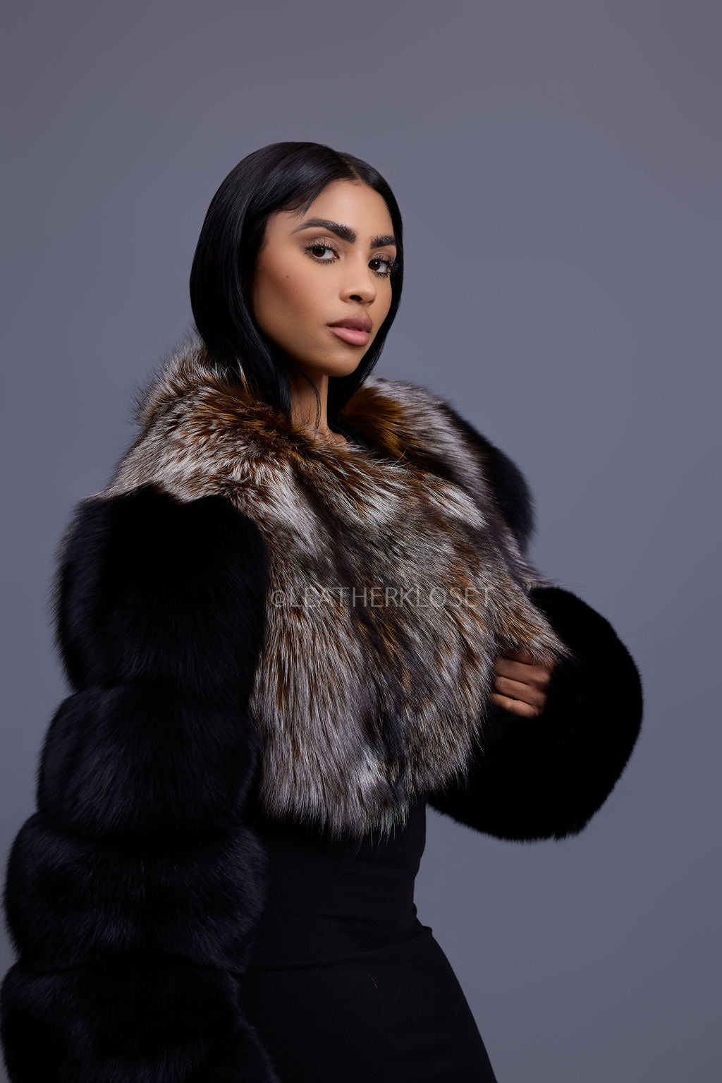 Women's Sasha Crop Fox Bomber [Black/Crystal]