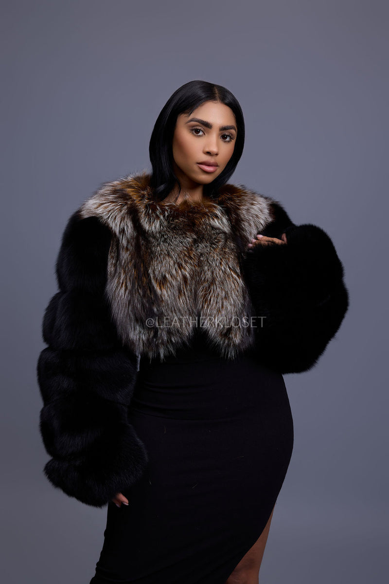 Women's Sasha Crop Fox Bomber [Black/Crystal]