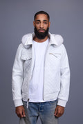 Men's Franklin Quilted Leather Bomber Jacket With Fox Hood [White]